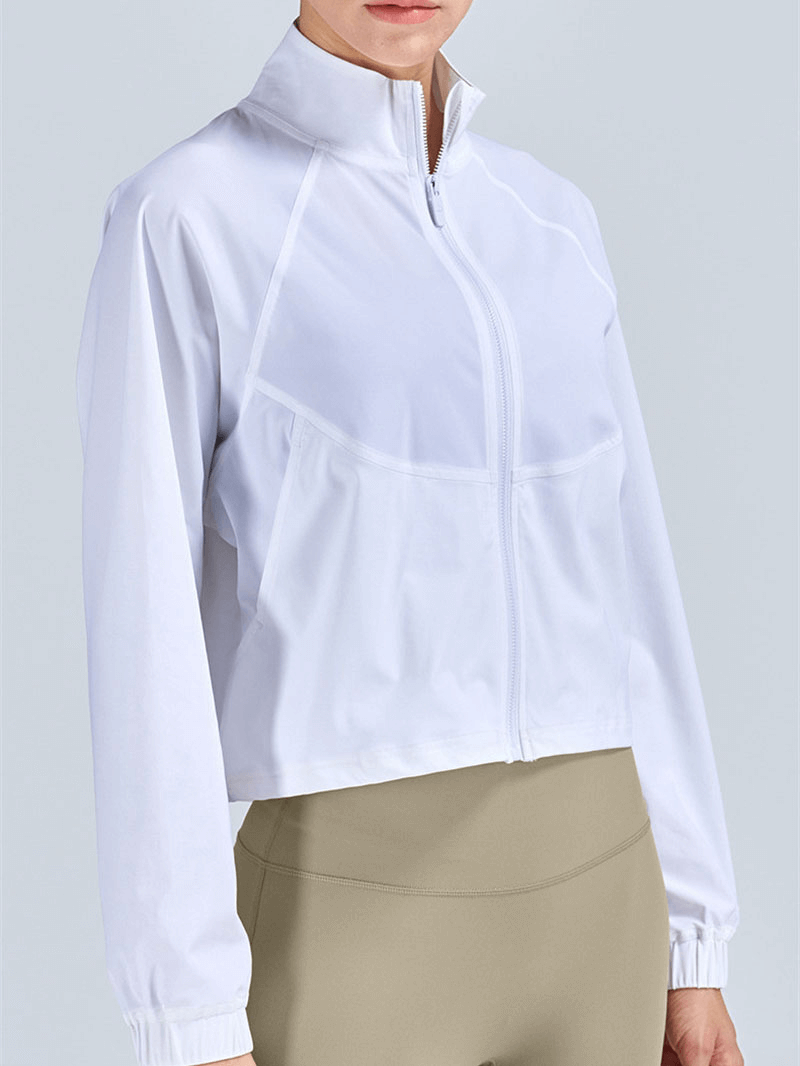 Women's white stand collar loose short jacket for casual sports, breathable nylon-spandex mix, with zipper closure, model SF1448.